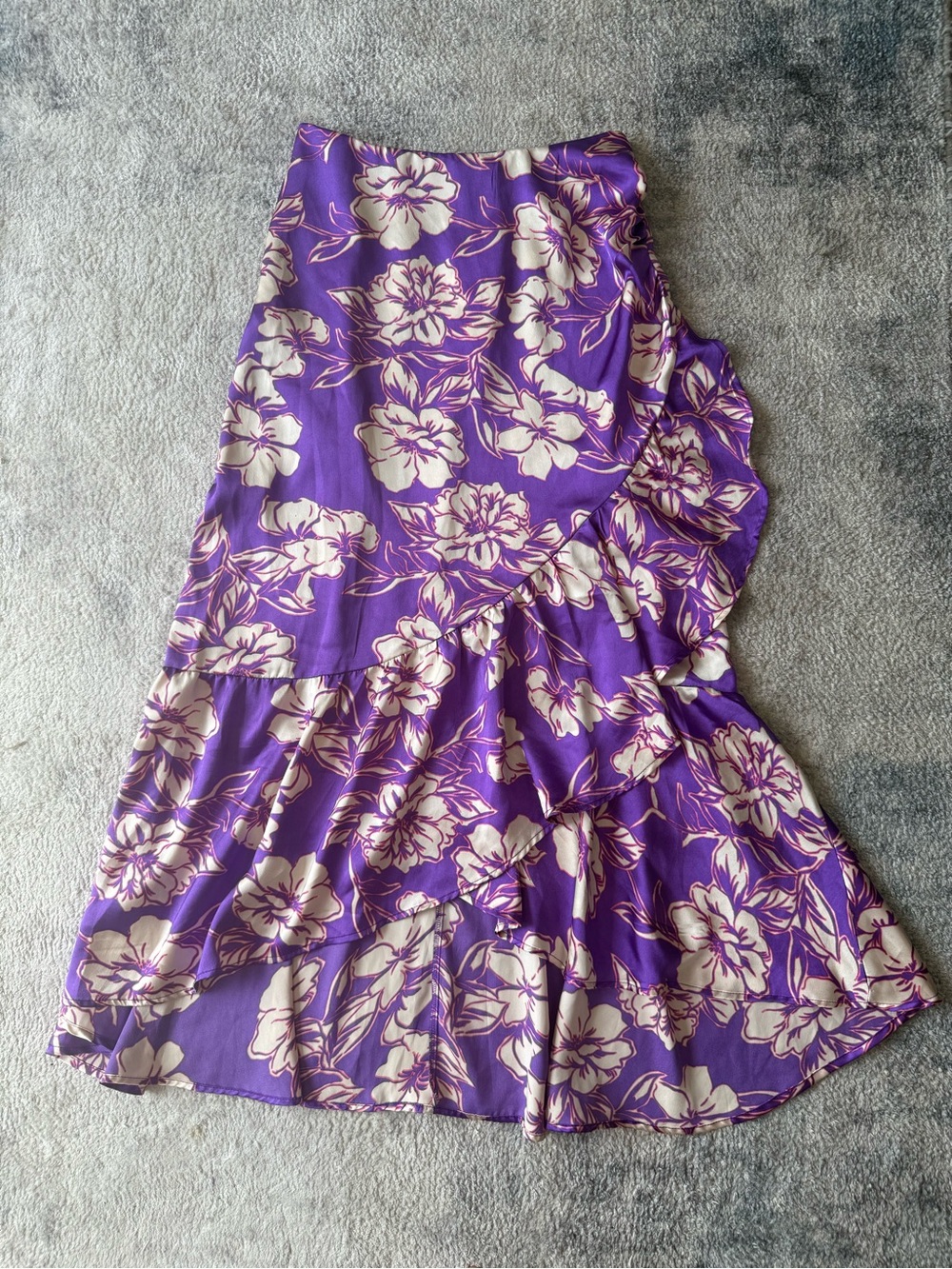 Fun & Flirt Purple Floral Asymmetrical Ruffle Skirt Satin Summer Beach Midi M